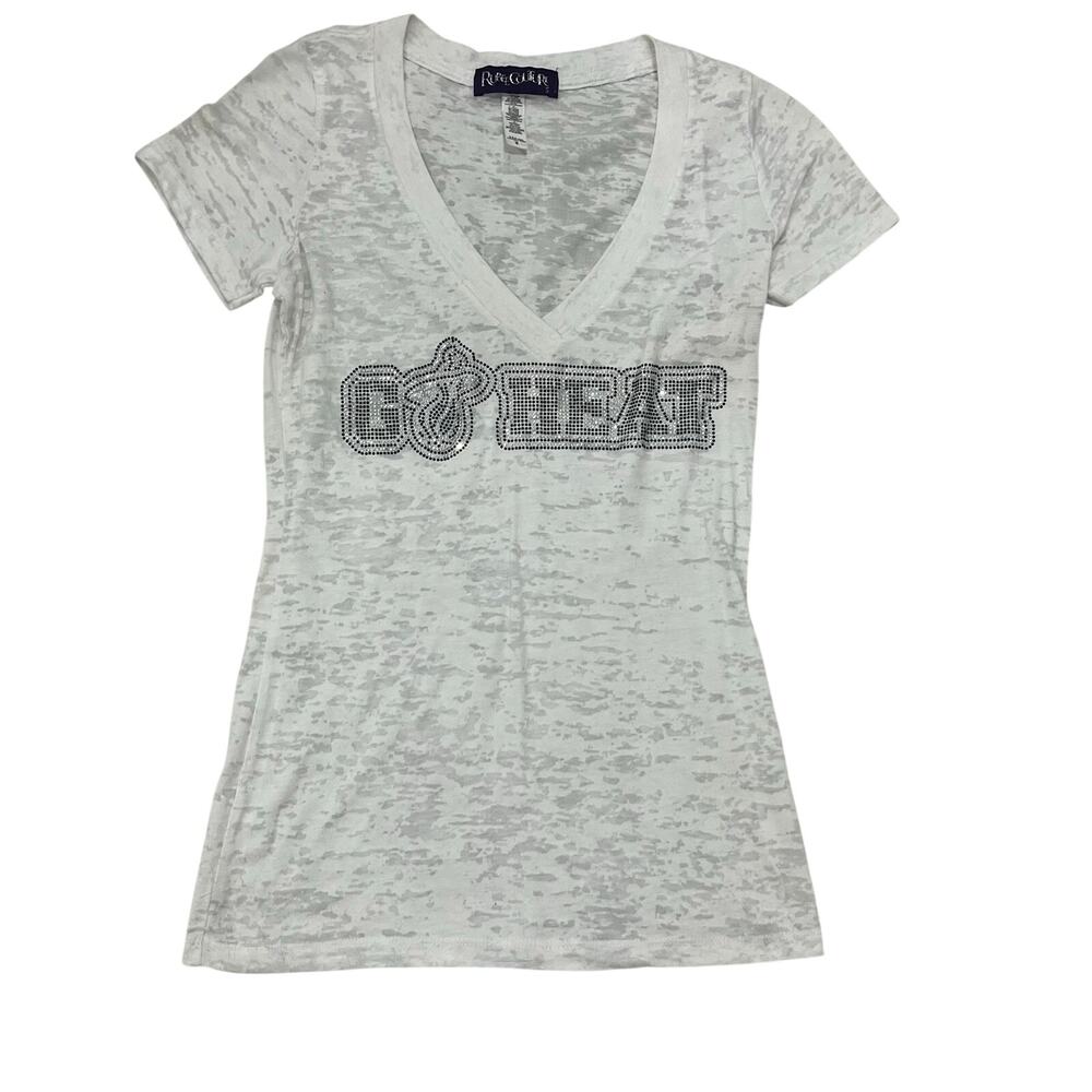 Rubee Couture Miami Heat Womens Small White Burnout V Neck Rhinestone T Shirt